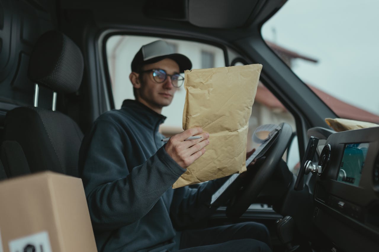 portfolio-02 Delivery worker examining packages inside a van, focused on logistics.